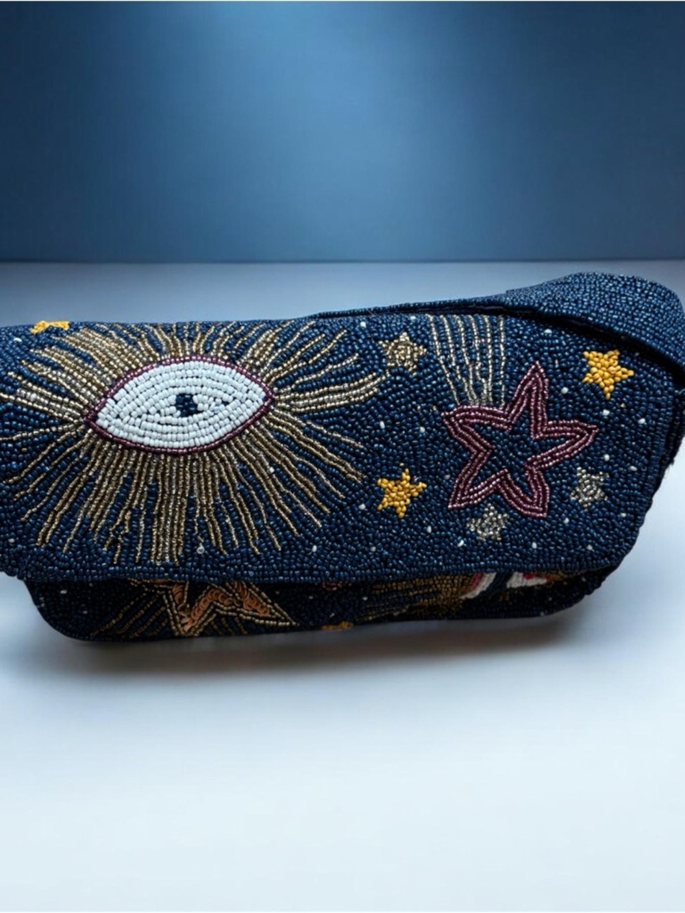 Hand-Beaded Navy Eye & Star Shoulder Bag